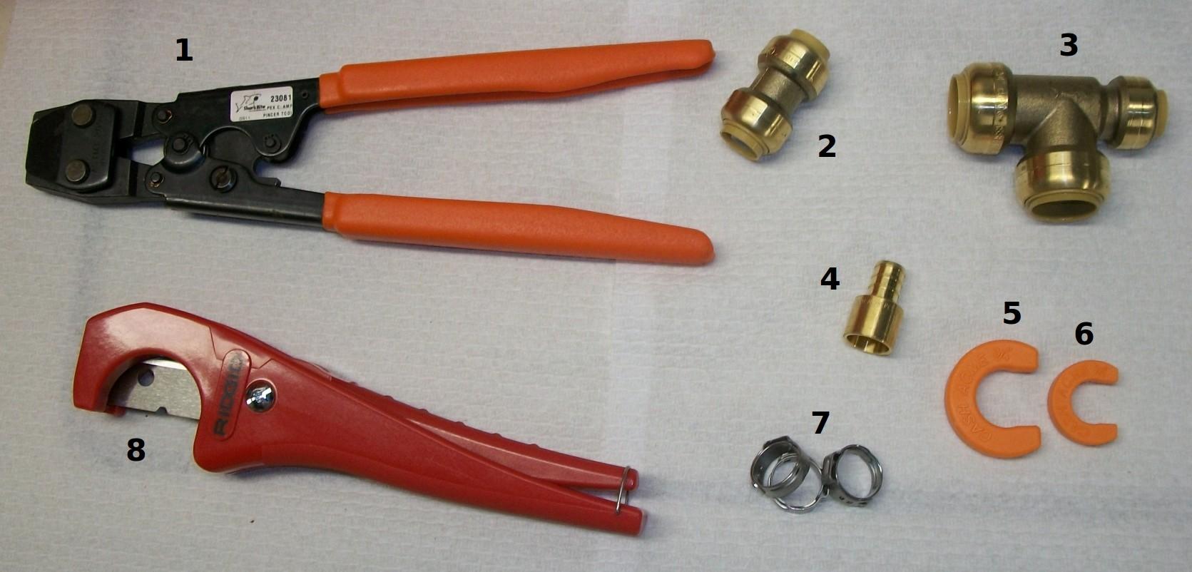 PEX plumbing installation tools and fittings